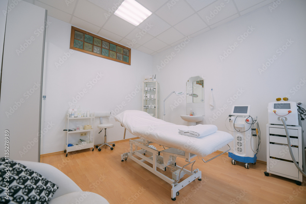 The interior of the massage and cometology salon, massage table. Nobody. The interior of the massage and cometology salon, massage table. Nobody.