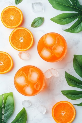 Refreshing citrus drinks with ice surrounded by fresh orange slices and green...