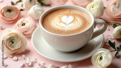 Warm cup of coffee surrounded by pastel flowers on a soft pink background