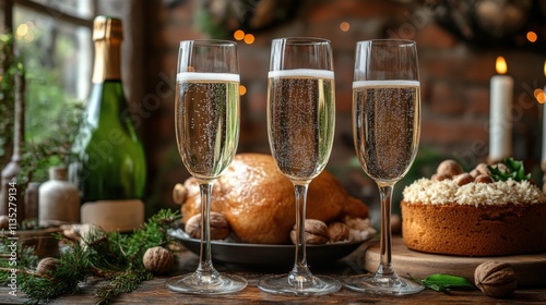 Festive gathering featuring a roasted turkey and elegant dessert display on a...