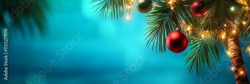 Tropical Christmas Holiday - Palm tree, ornaments, lights, festive, winter vacation. Symbolizes warmth, joy, escape, celebration, and paradise. photo