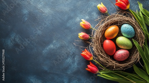 Easter eggs and fresh tulips on a blue background celebrate spring vibes