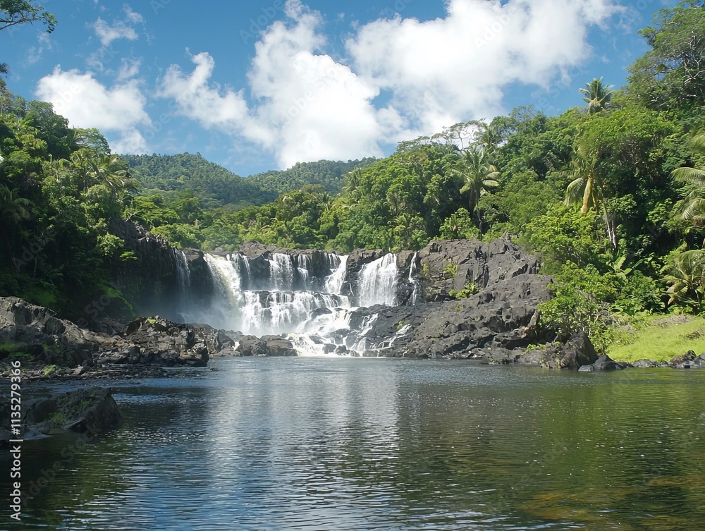 Fototapeta premium A serene waterfall surrounded by lush greenery and a calm pool.