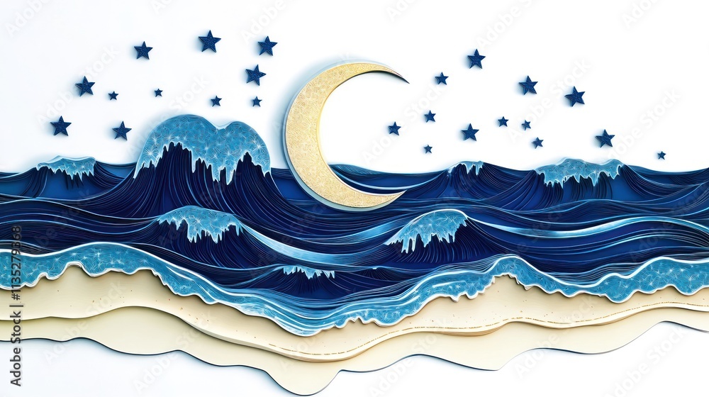Serene Nightscape: Paper-Cut Ocean Waves Under a Crescent Moon and Starry Sky Serene Nightscape: Paper-Cut Ocean Waves Under a Crescent Moon and Starry Sky