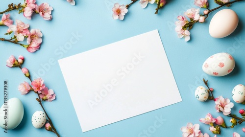 Creative spring layout with blank paper and cherry blossom flowers around pas...