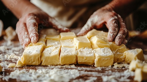 Pastry chef preparing croissants with butter in a modern bakery kitchen