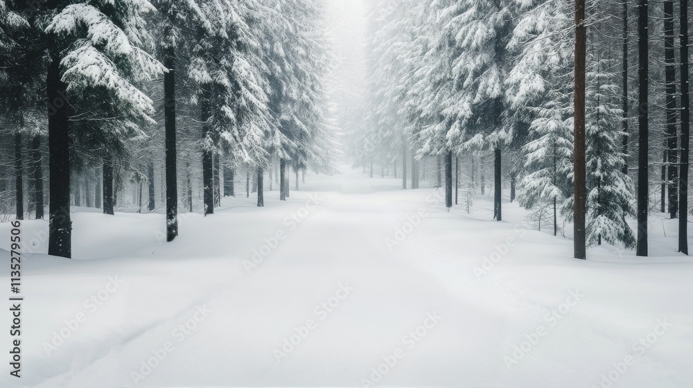 Snow covered forest path with red bird perched in winter wonderland Snow covered forest path with red bird perched in winter wonderland