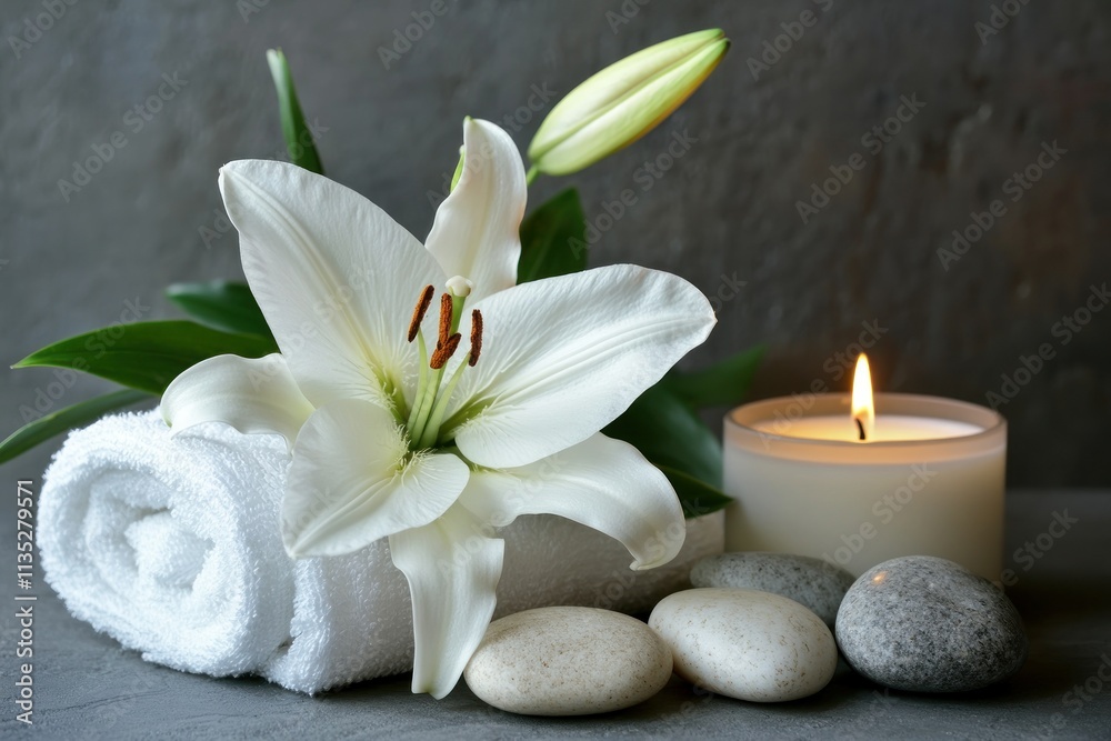 Serene Spa Scene with White Lily, Soft Towel, and Gentle Candle On a Calm Gray Surface for Relaxation and Wellness Promotion Serene Spa Scene with White Lily, Soft Towel, and Gentle Candle On a Calm Gray Surface for Relaxation and Wellness Promotion