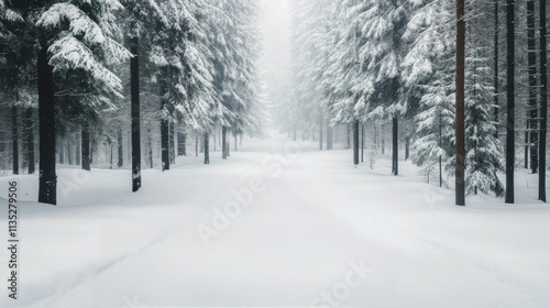 Snow covered forest path with red bird perched in winter wonderland