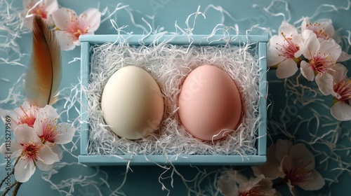 Colorful Easter eggs arranged with pink blossoms on a pastel pink background