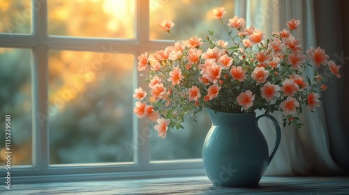 Colorful flower arrangement in a vintage watering can on a cozy window sill