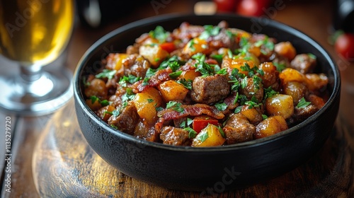 Delicious beef and potato stew served in a rustic bowl with fresh herbs and a...
