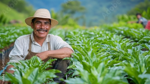 Smiling farmer working with fresh vegetables in a vibrant garden during dayli...