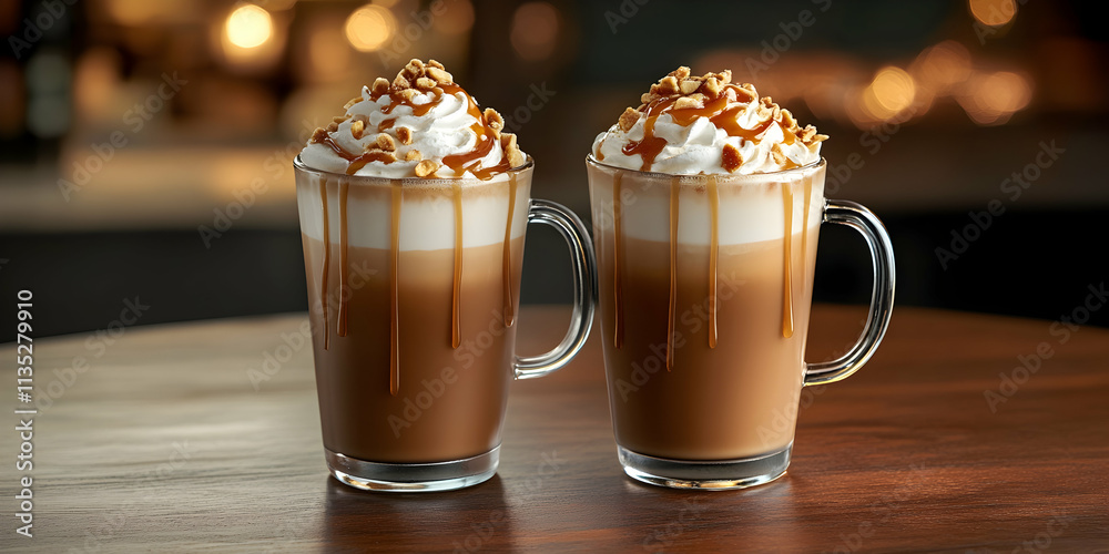Two caramel macchiatos with whipped cream and caramel drizzle served on a table Two caramel macchiatos with whipped cream and caramel drizzle served on a table