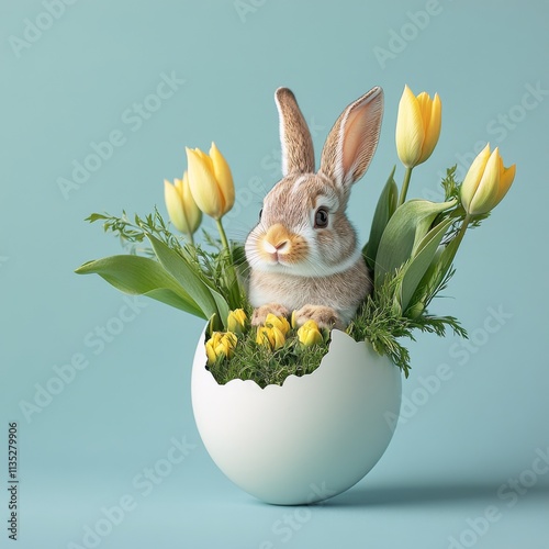 Cute rabbit in an eggshell planter with yellow tulips and greenery for spring...
