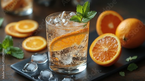 Refreshing citrus drink garnished with mint and ice cubes on a dark surface