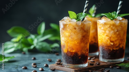 Delicious creamy iced coffee drinks served in clear glasses with coffee beans...