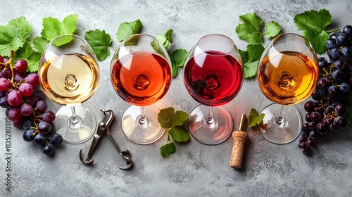 Four types of wine served in elegant glasses with fresh grapes on a textured ...
