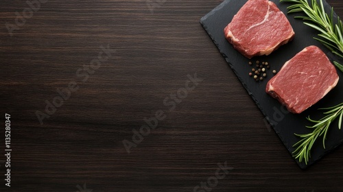 Fresh cuts of beef steaks garnished with rosemary on a dark wooden surface