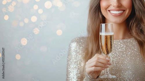 Elegant woman holding champagne in a stylish setting during a celebration