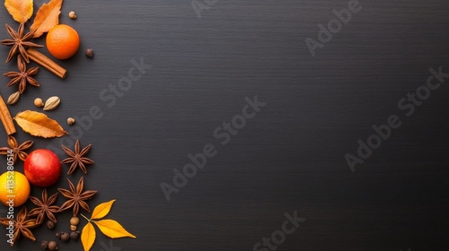 Warm autumn spices and fruits arranged on a dark wooden surface for seasonal ...