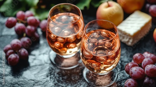 Fresh fruits and cheese pair beautifully with glowing glasses of beverage on ...