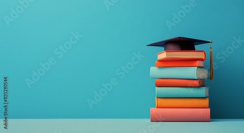 Graduation cap resting on stack of colorful books against teal wall in a stud...