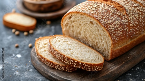 Sliced bread on wooden board showcasing fresh, soft texture in a simple kitch...
