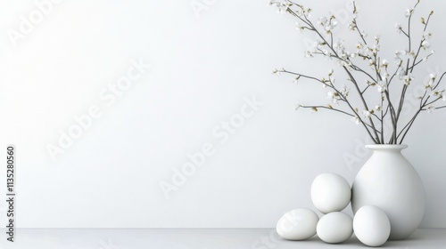 Colorful Easter eggs and cherry blossom branches in a clean modern setting