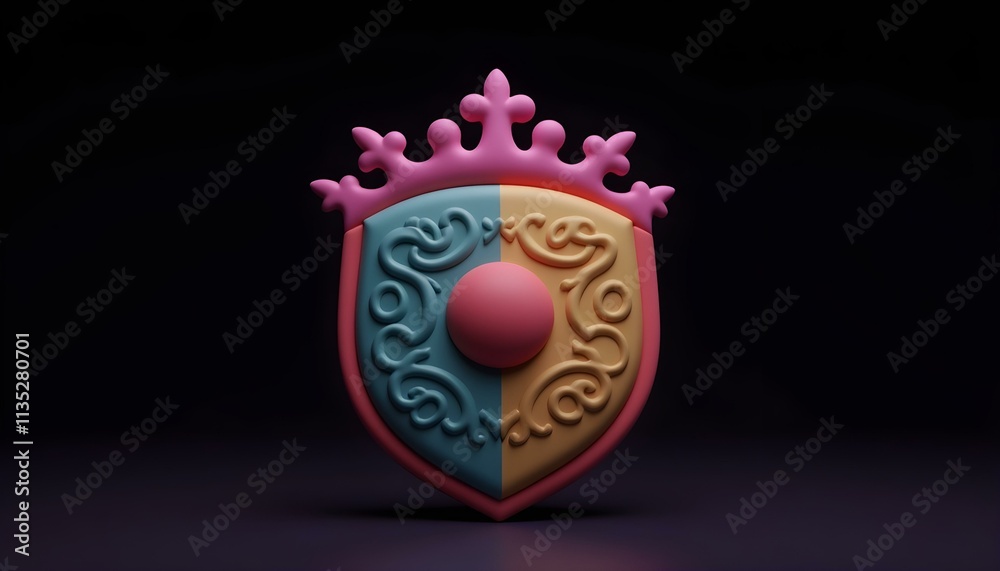 3D render of a heraldic shield icon, featuring a colorful crest and intricate filigree, isolated against a rich black background create with ai 3D render of a heraldic shield icon, featuring a colorful crest and intricate filigree, isolated against a rich black background create with ai
