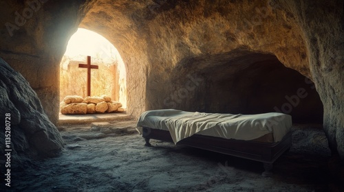 Peaceful cave setting with a cross illuminated by sunlight during the morning