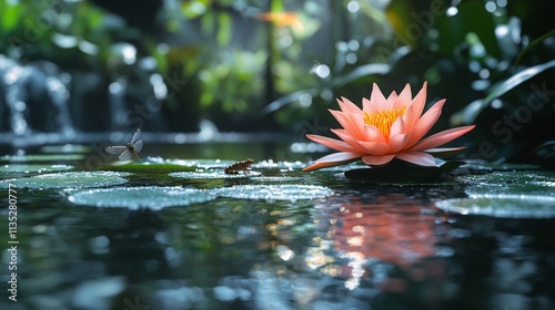 Beautiful landscape of a tranquil lake with blooming lotus flowers surrounded...