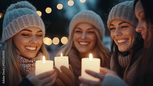 Friends celebrate with candles and warm smiles during winter gathering at night