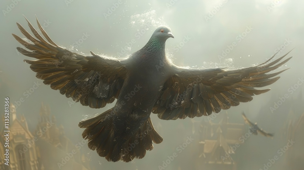 Obraz premium Pigeon flying over city in mist, wings spread.