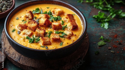 Delicious pumpkin soup with croutons and herbs served in a rustic bowl on a w...