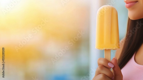 Smiling person enjoying a refreshing yellow popsicle during warm summer day