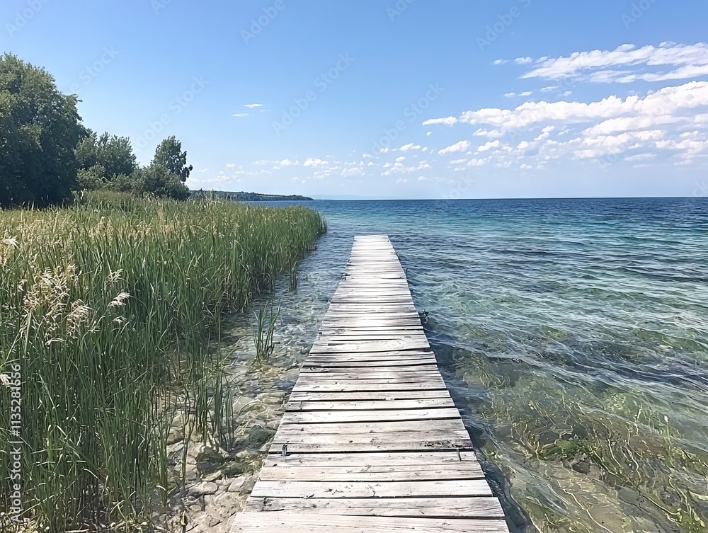 Obraz premium A serene wooden dock extending into a clear blue lake surrounded by greenery.