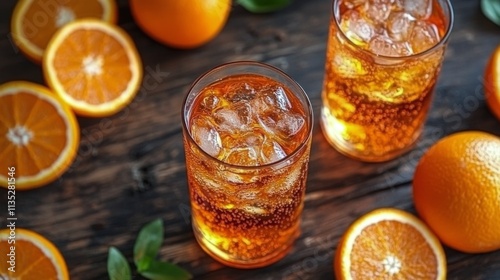 Refreshing orange drinks with ice and fresh fruit on a wooden table
