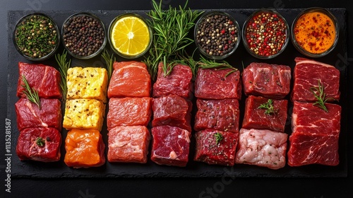 Selection of fresh meats and fish arranged on a black slate platter for culin...