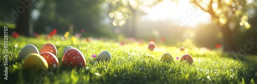 Colorful eggs scattered on lush grass under bright sunlight in a springtime s...
