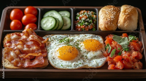 Delicious breakfast plate with eggs, bacon, and fresh vegetables served on a ...