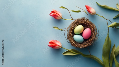 Easter eggs and fresh tulips on a blue background celebrate spring vibes