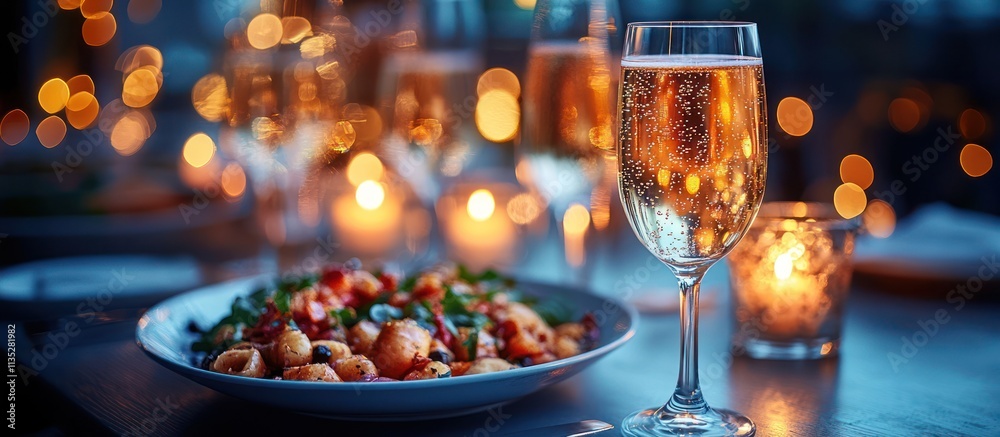 Romantic dinner with pasta dish and champagne. Romantic dinner with pasta dish and champagne.