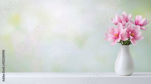 Relaxing spa setting with towels, flowers, and candle on a soft pastel backgr...
