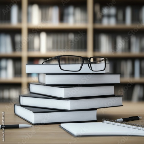 Stacked books and glasses on a wooden table in a cozy library setting