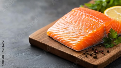 Freshly cut salmon fillet on a wooden board with herbs and lemon slices