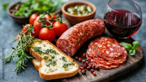 Gourmet platter of cured meat, bread, cherry tomatoes, and wine in a cozy set...