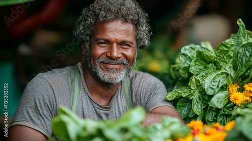 Smiling farmer working with fresh vegetables in a vibrant garden during dayli...