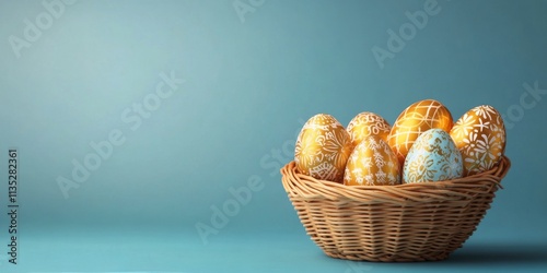 Golden decorated eggs in a rustic basket with dried twigs on a blue background