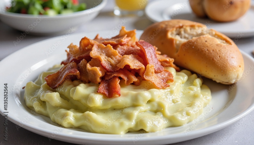 Creamy mashed potatoes topped with crispy bacon served with fresh bread and salad on plate